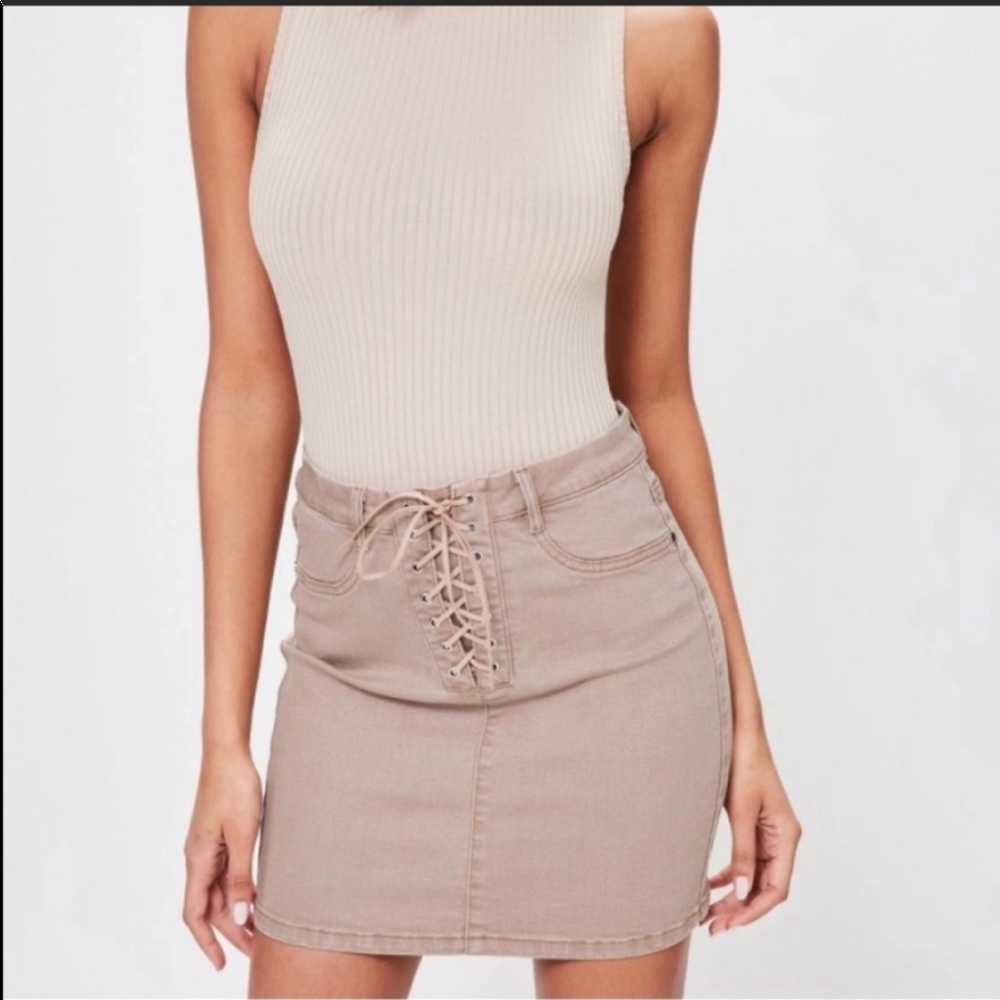 Missguided tan high rise lace up mini skirt